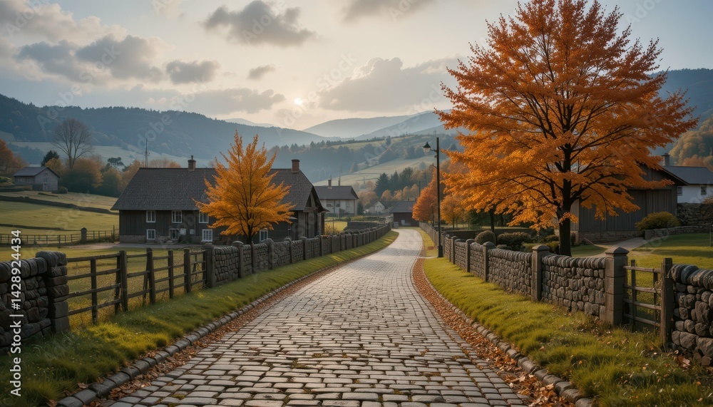 Fototapeta premium Scenic Autumn Landscape with Cobblestone Path and Vibrant Trees