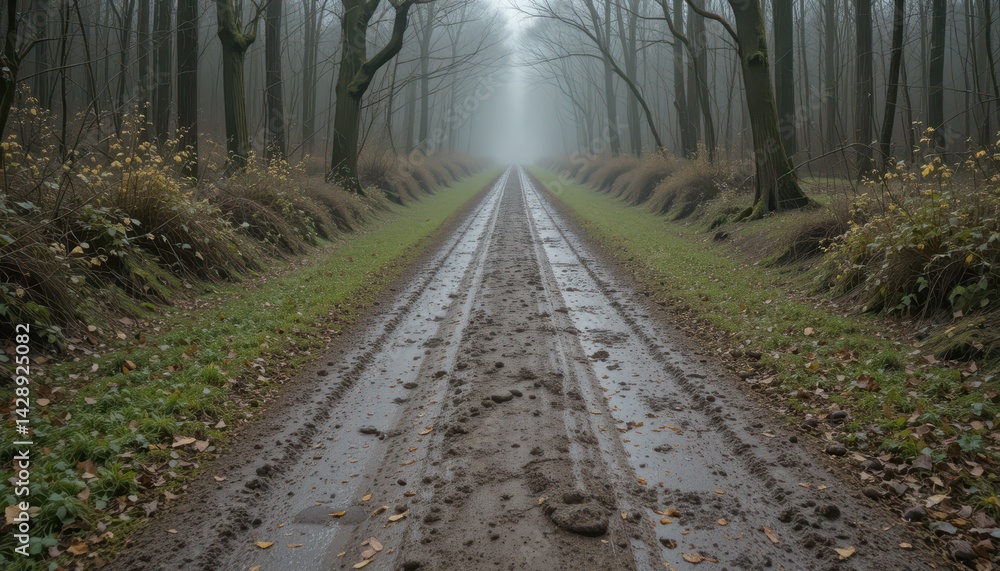 Naklejka premium Serene Misty Path Through Dense Forest with Muddy Footprints