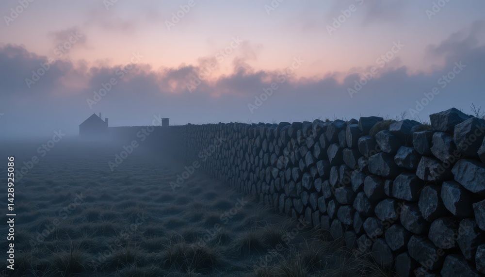 Fototapeta premium Misty Dawn Over Stone Wall and House in Serene Landscape