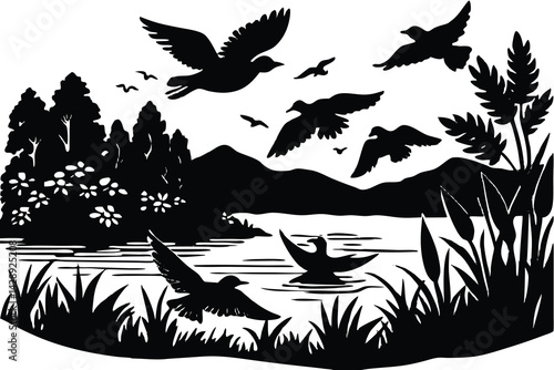 Black and white silhouette of birds flying over lake near trees and mountains