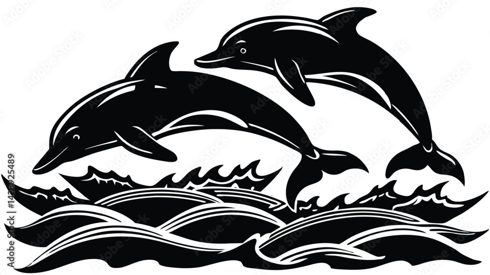 Naklejka premium Two dolphins jumping gracefully out of water black and white vector illustration