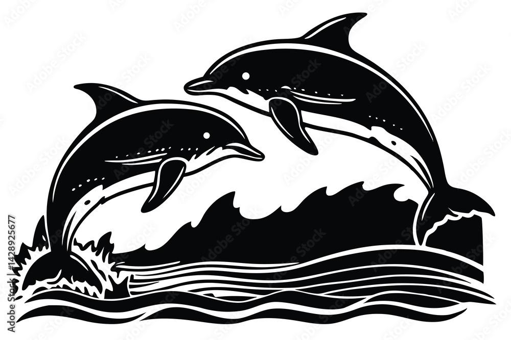 Naklejka premium Two dolphins jumping out of the water black and white illustration
