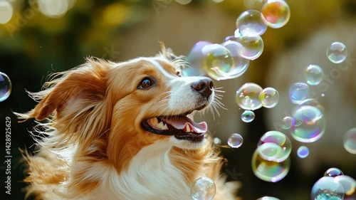 Playful Dog Joyfully Chasing Colorful Bubbles in Happy Close Up Moment
