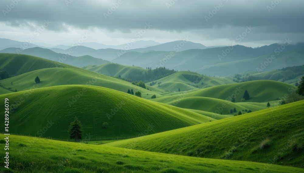 Lush Green Hills Under Dramatic Clouds in Rolling Landscape Scene Lush Green Hills Under Dramatic Clouds in Rolling Landscape Scene