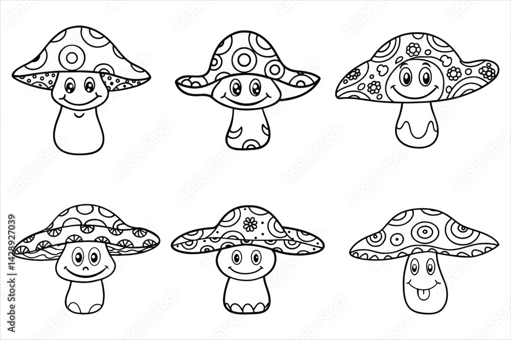 Fototapeta premium Hippie mushroom with a smiling face and paisley hat in linear doodle style