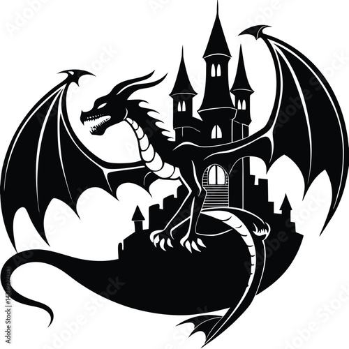 Silhouette of fantasy dragon guarding a castle in monochrome illustration graphic