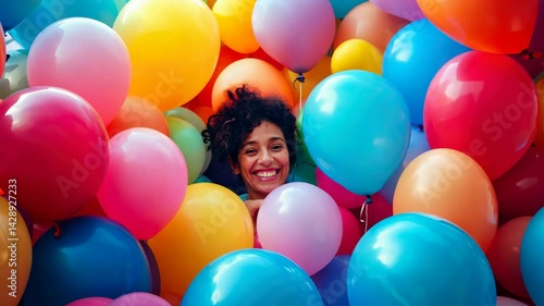 Colorful Balloons Surrounding Joyful Person, Celebrating Happiness and Playful Moments