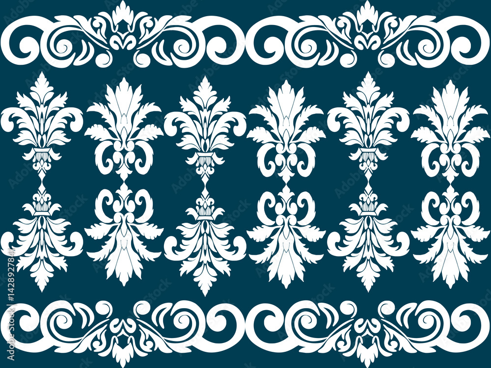 Naklejka premium A detailed damask pattern in white on a deep blue background, featuring floral motifs and intricate swirls, ideal for textiles or wallpapers.