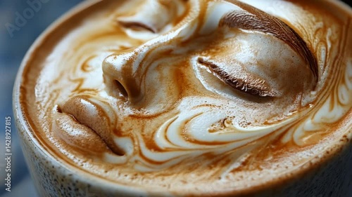 Captivating Latte Art Gentle Face in Creamy Coffee Beverage with Intricate Swirls