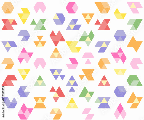 Seamless abstract pattern featuring a vibrant array of geometric shapes, primarily made of triangles and polygons, arranged in a playful and modern layout.