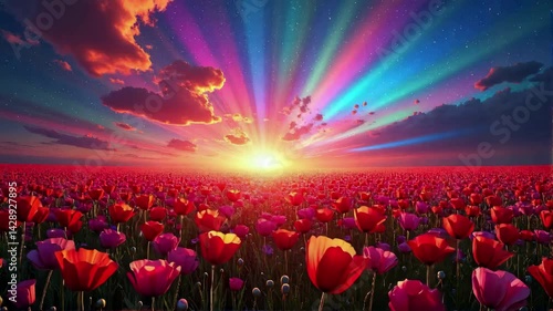 A field of red flowers with a bright sun in the sky