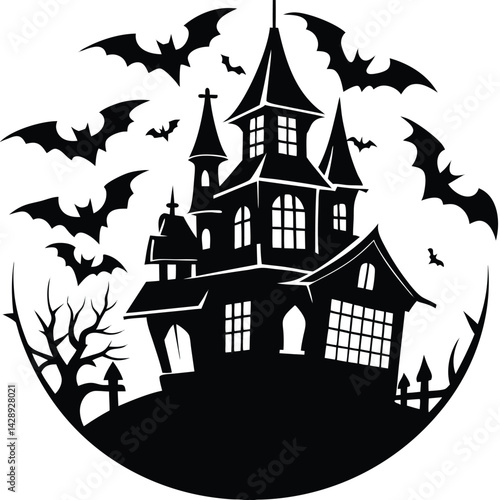 Wallpaper Mural Spooky haunted house silhouette with bats halloween illustration vector graphic Torontodigital.ca