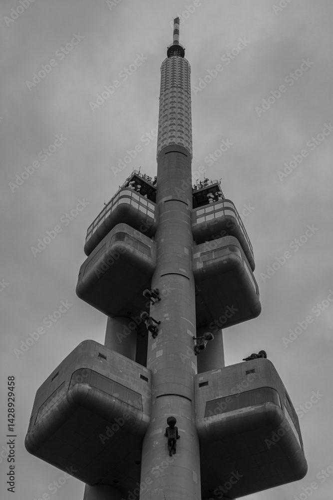Black and white photo of the Prague TV Tower