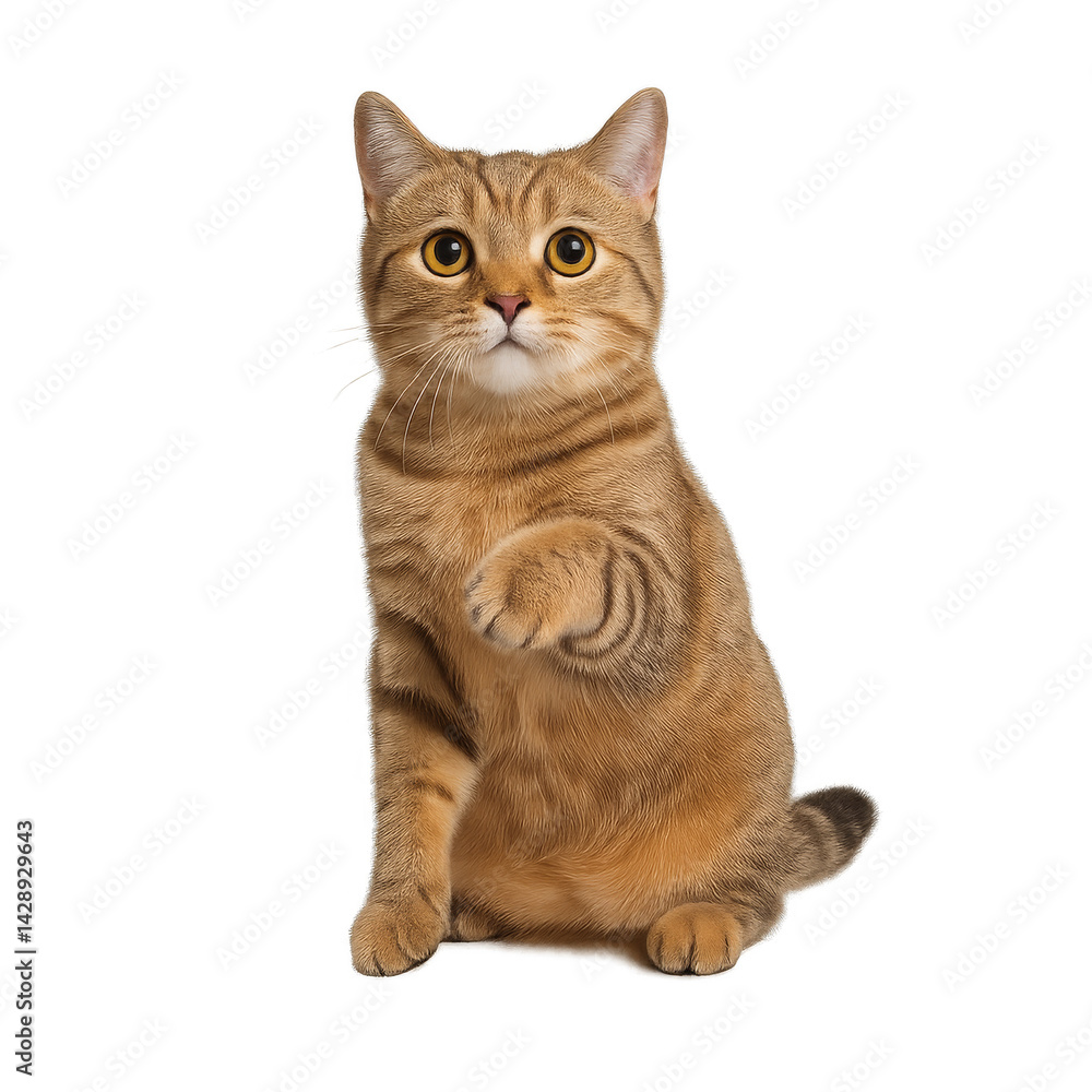 Fototapeta premium Adorable Cat Asking for Attention: A curious, golden-brown cat with striking eyes sits and extends a paw as if requesting interaction, captured in a studio setting.