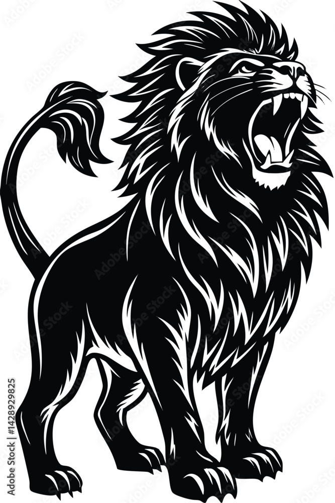 Fototapeta premium Majestic roaring lion black and white vector illustration fierce and powerful design