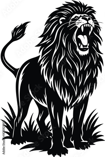 Roaring lion with magnificent mane black and white vector illustration standing in grass