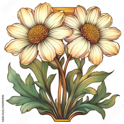 Two elegant cream daisies with green leaves and gold accents botanical illustration