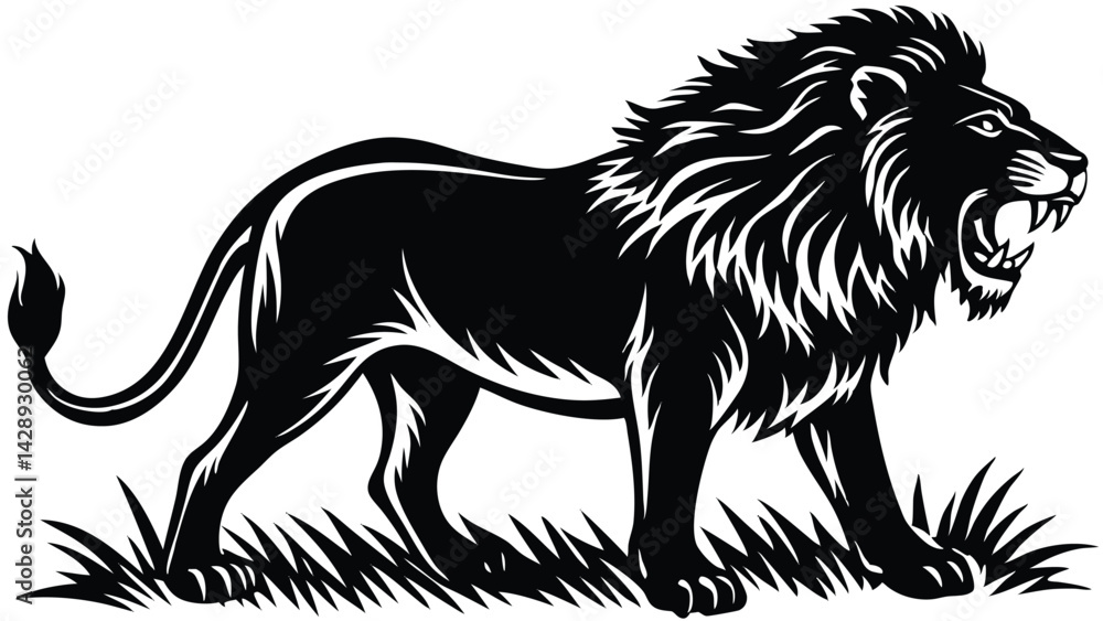 Fototapeta premium Striking black and white lion illustration roaring in the grass vector