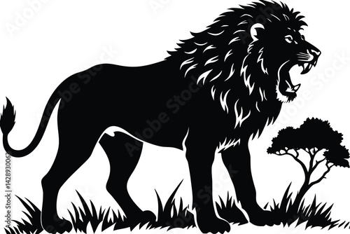 Black lion silhouette roaring fiercely in african savannah with acacia tree