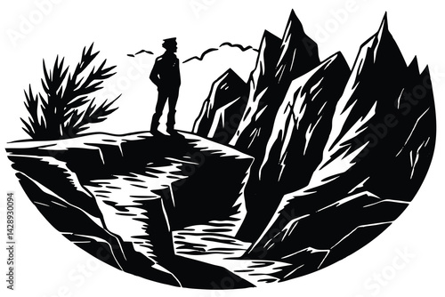 Silhouette man on mountain peak observing dramatic black and white landscape illustration