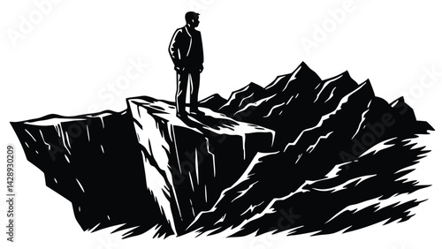 Silhouette of man standing on cliff edge with mountain landscape backdrop