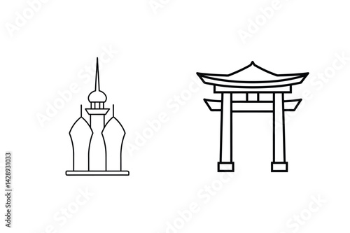 Asian Architecture Line Art Illustration Featuring Pagoda And Temple Gate Structures