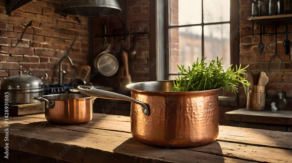 Fototapeta premium Vintage Copper Cookware on Rustic Wooden Table Farmhouse Kitchen Essentials