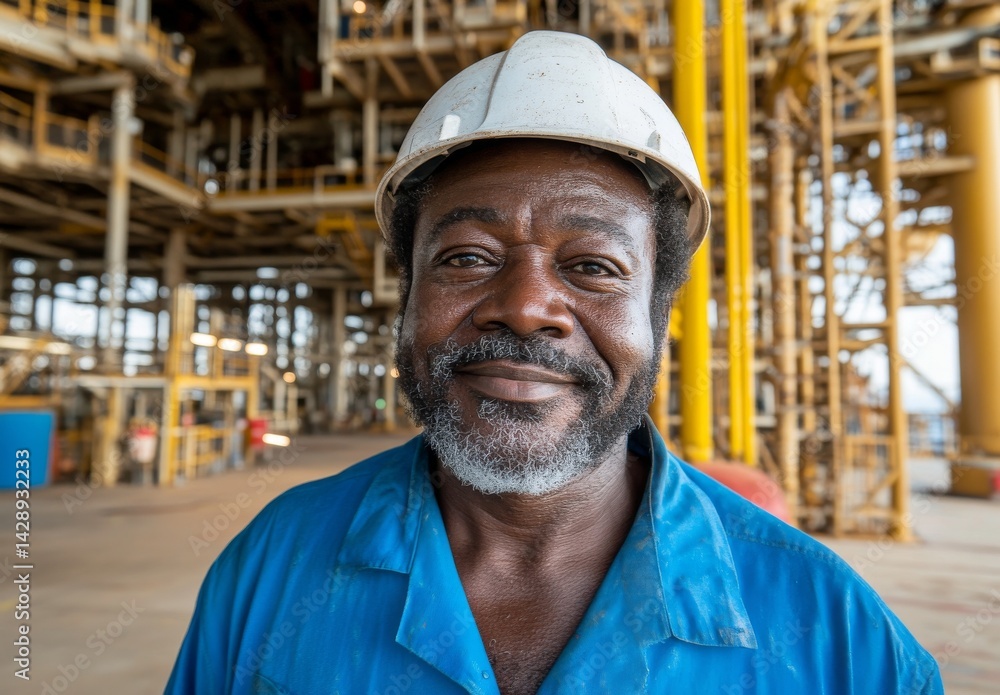 A worker wearing safety gear and smiling is seen at an offshore oil rig on a cloudy day, with maritime equipment visible in the background, highlighting their commitment to safety and the industry A worker wearing safety gear and smiling is seen at an offshore oil rig on a cloudy day, with maritime equipment visible in the background, highlighting their commitment to safety and the industry