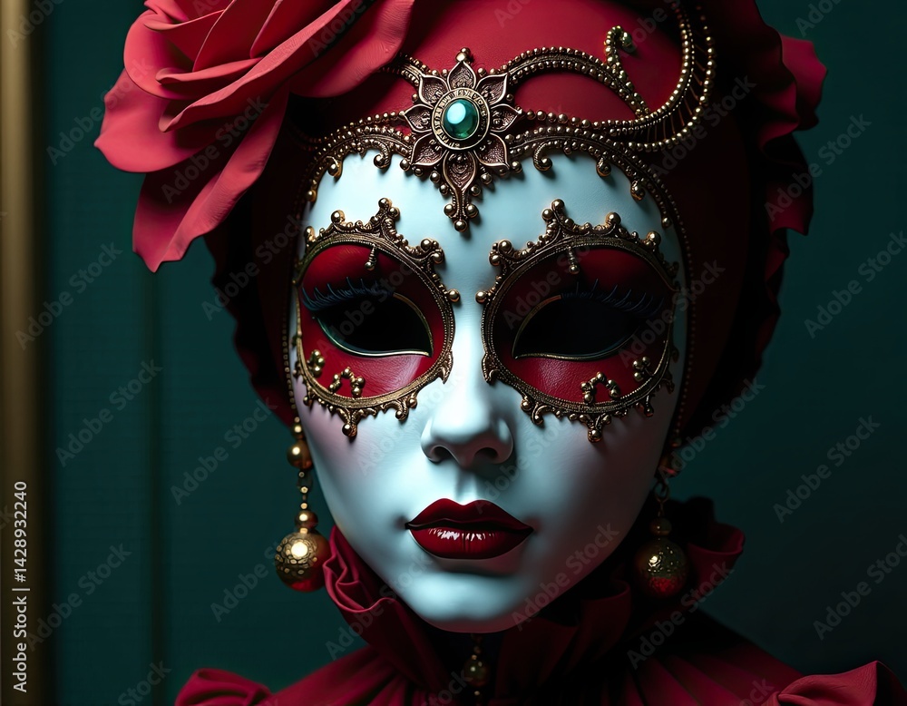 Elegant Venetian Mask with Red Rose and Gold Accents