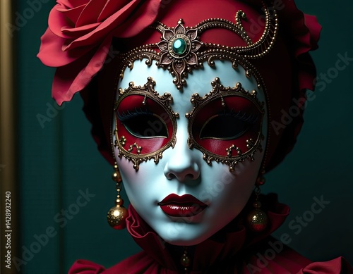 Obraz na płótnie Elegant Venetian Mask with Red Rose and Gold Accents w salonie