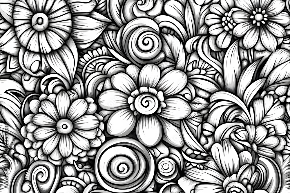 Fototapeta premium Intricate Monochrome Floral Doodle Seamless Pattern