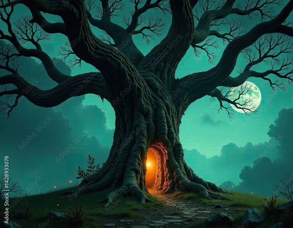 Enchanted Tree with Glowing Doorway and Moon