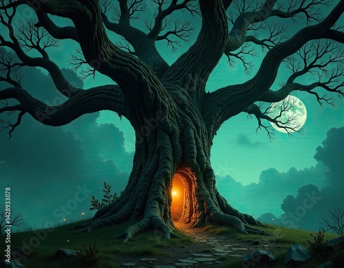 Obraz na płótnie Enchanted Tree with Glowing Doorway and Moon w salonie