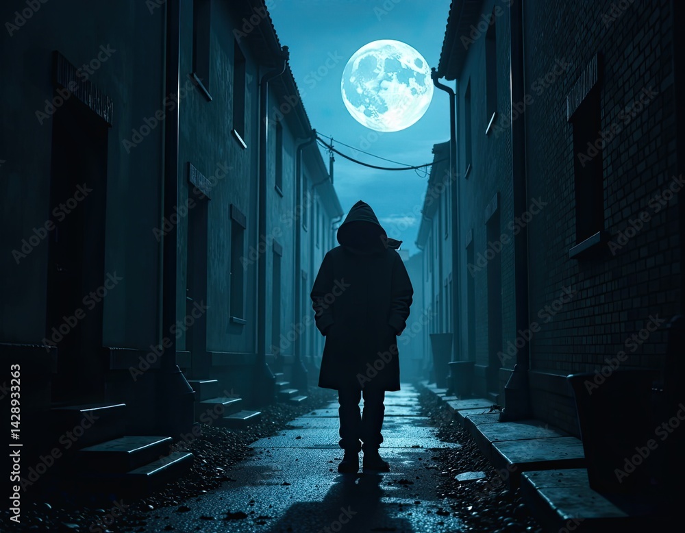 Mysterious Figure in Dark Alleyway Under Full Moon