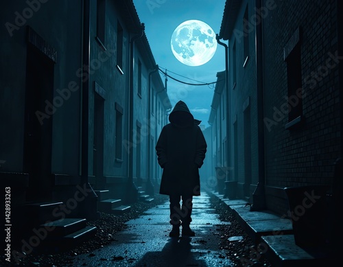 Obraz na płótnie Mysterious Figure in Dark Alleyway Under Full Moon w salonie