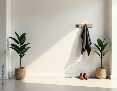 Minimalist Interior with Plants, Coat and Shoes