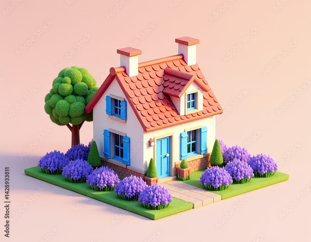 Cute Cartoon House with Lavender Garden - 3D Render