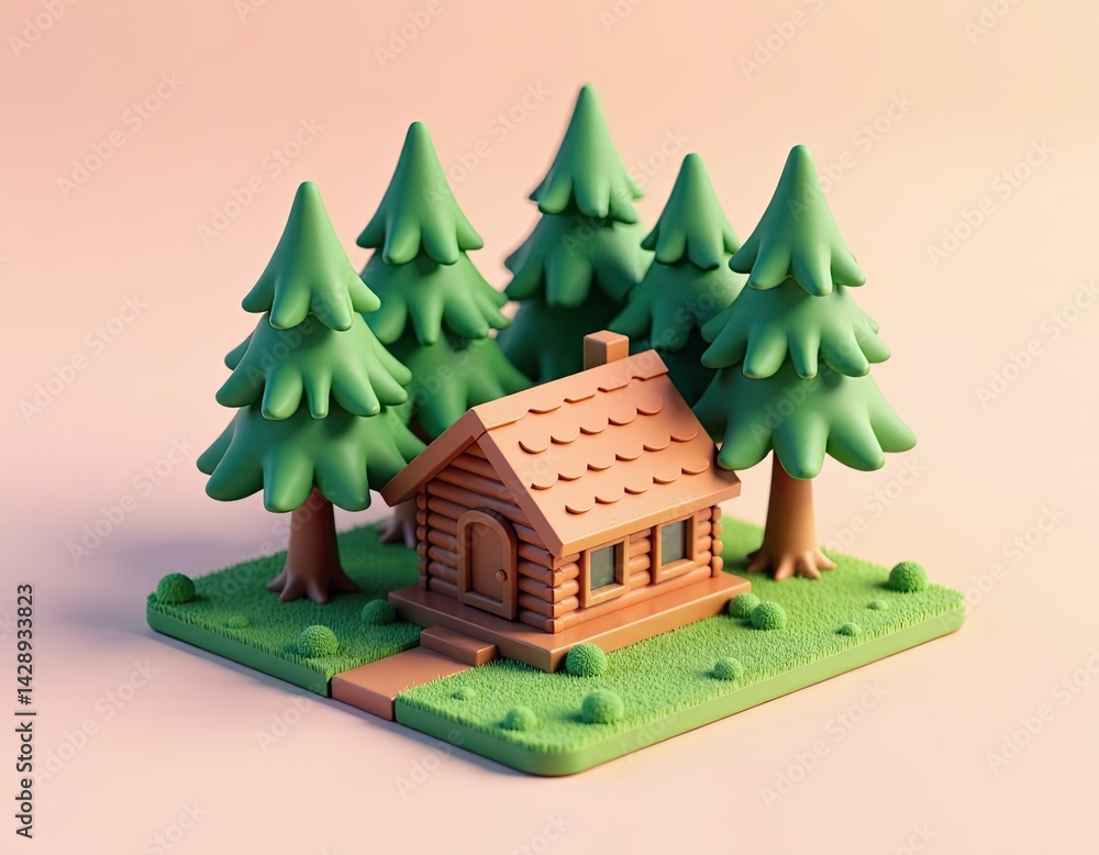 Cute 3D Render of a Log Cabin in a Forest