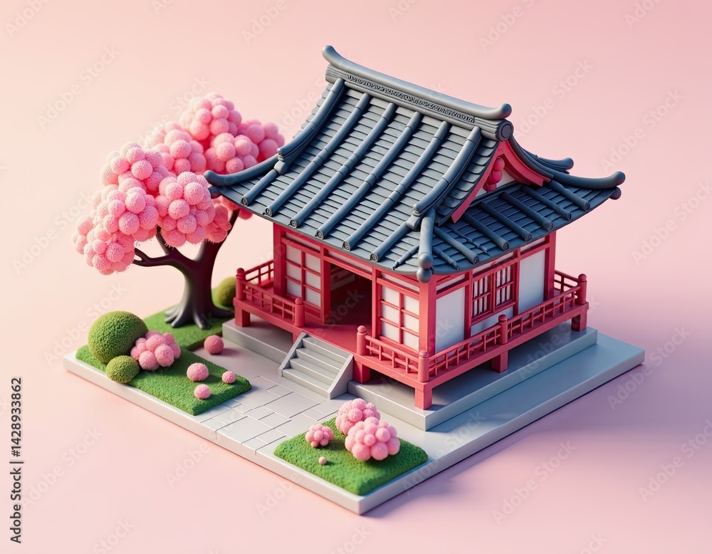Cute Miniature Japanese House with Cherry Blossoms - 3D Render