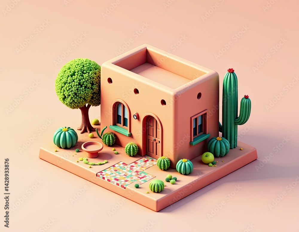 Adorable 3D Render of a Desert House with Cacti and Lush Greenery