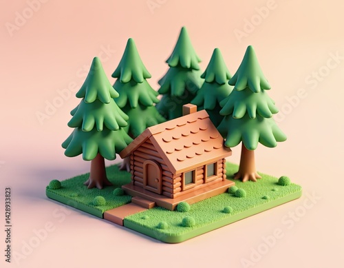 Cute 3D Render of a Log Cabin in a Forest