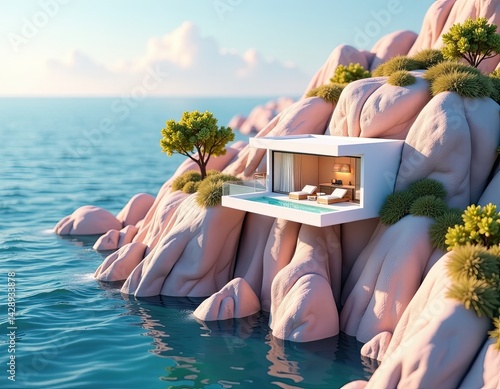 Obraz na płótnie Modern Cliffside Villa with Infinity Pool - Luxury Oceanfront Dream Home w salonie