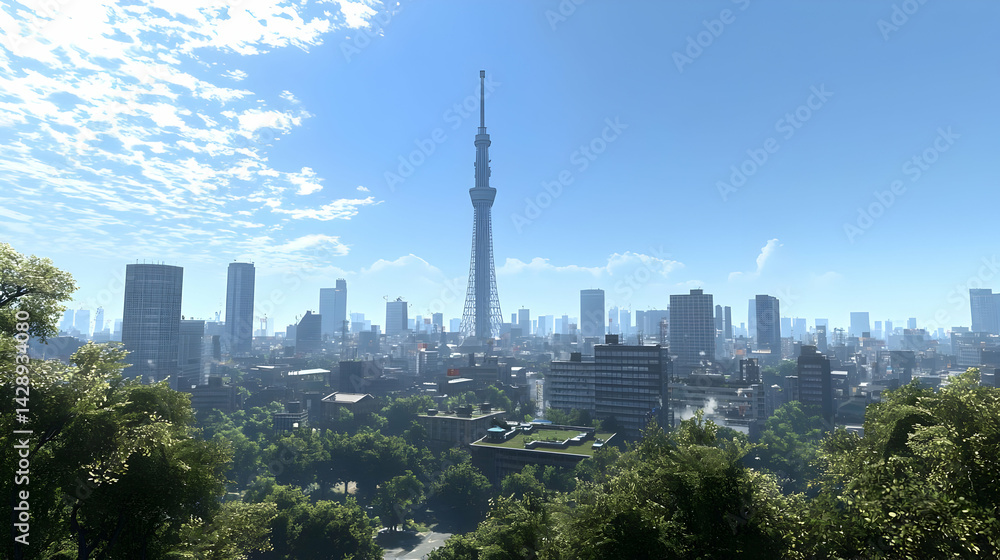 Fototapeta premium Pixelated Cityscape Panorama With Tower And Trees