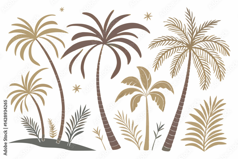 Bohemian Style Brown and Beige Palm Trees with Tropical Plants Illustration on White Bohemian Style Brown and Beige Palm Trees with Tropical Plants Illustration on White