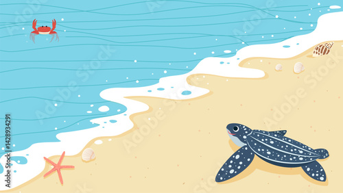 A leatherback sea turtle is walking into the sea. Summer beach background vector illustration.