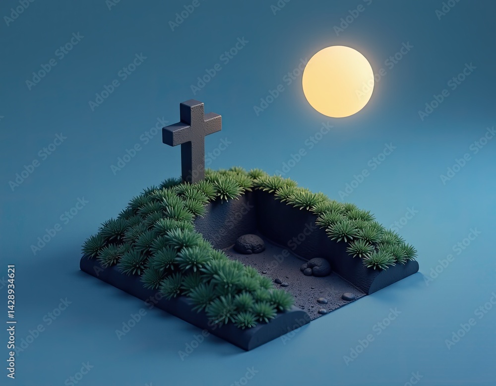 Stylized Grave with Cross and Moon
