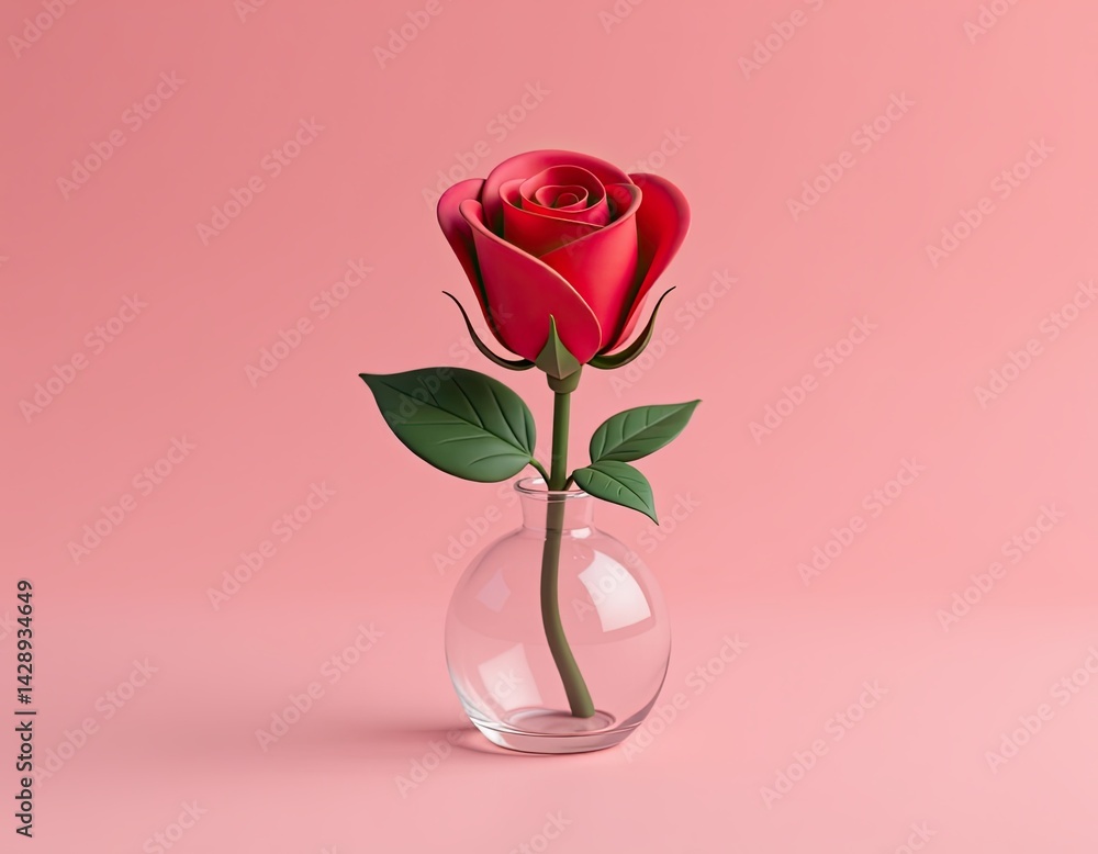 Red Rose in Vase on Pink Background