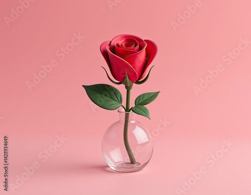 Obraz na płótnie Red Rose in Vase on Pink Background w salonie