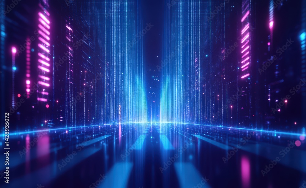 Fototapeta premium abstract blue digital sound equalizer with glowing waves and dots on dark background