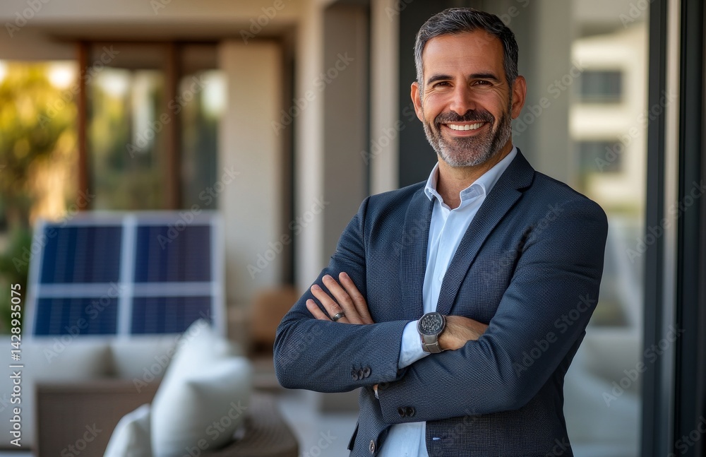 A confident businessman, dressed in a suit, smiles as he stands outside a house equipped with solar panels, looking directly at the camera, embodying the concept of an eco-friendly home and the A confident businessman, dressed in a suit, smiles as he stands outside a house equipped with solar panels, looking directly at the camera, embodying the concept of an eco-friendly home and the